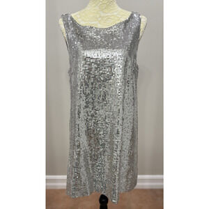 Free People Size 12 Sequin‎ Mini Dress Sleeveless Silver Metallic Y2K Club